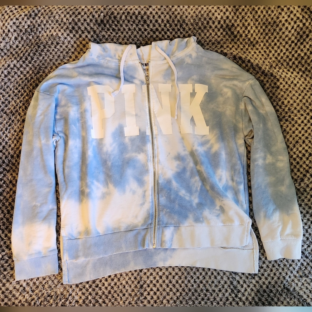 Victoria's Secret Pink - Women's Large Blue & White Tie Dye Zip Up Hoodie